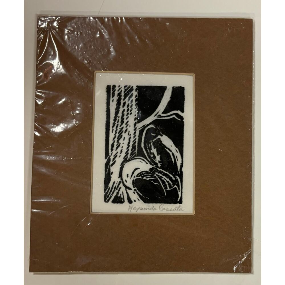 Vintage mid century linoleum block print art stork bird